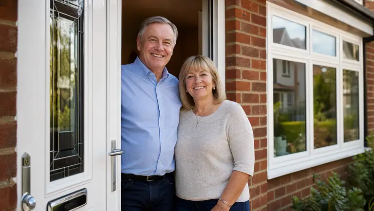 Homeowners at the door of their home with new double glazing