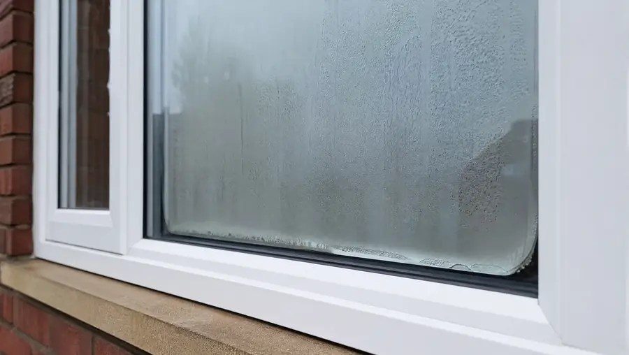 Close-up of condensation misting trapped between the panes of a double glazed window