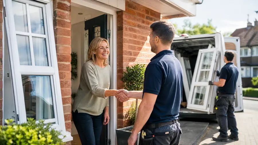 Homeowner agreeing a written window quote with an installer