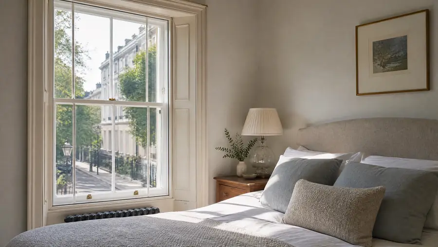 Vertical sliding secondary glazing fitted inside a traditional sash window in a bedroom